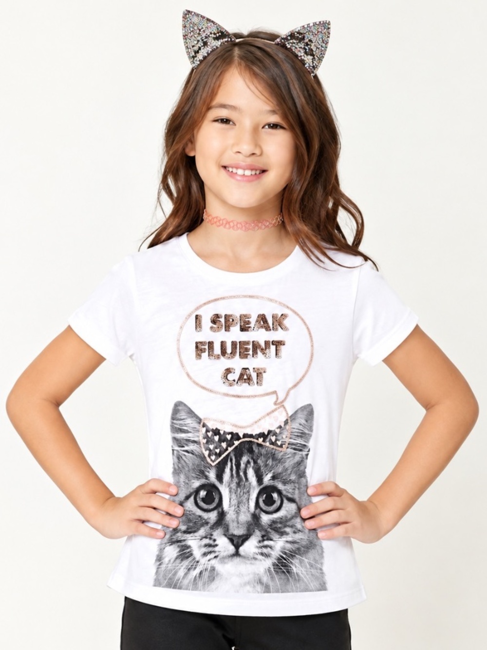 COPY - Gap girls white tee with glittered cat print